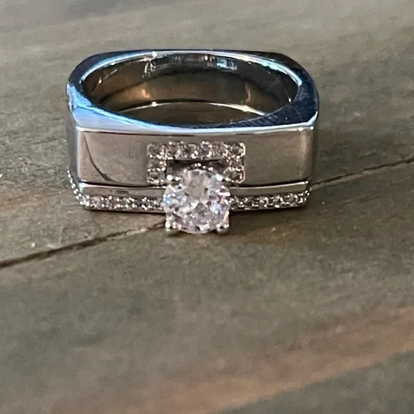 2 Piece Geometric, Square Cubic Zirconia Statement Badass Engagement Ring - Picture 2 of 8
